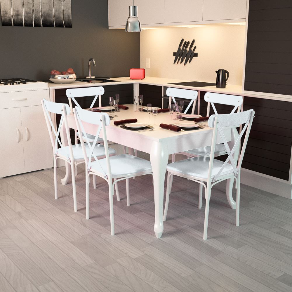 Modilayn Flora 6 Beyaz Lükens Ayaklı Masa Sandalye Takımı Tekzen