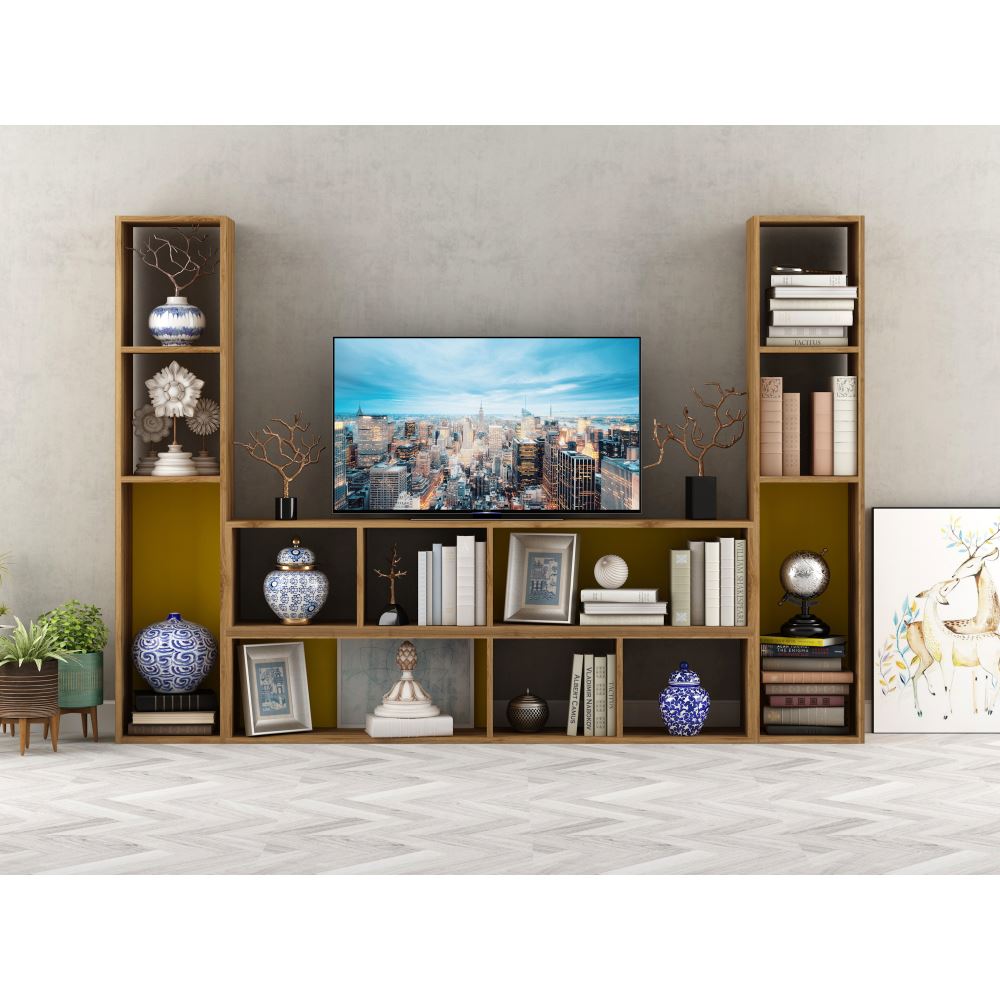 Sanal Mobilya Akura Tv Üniteli Çok Amaçlı Dolap Yerli Ceviz/Sarı Tekzen